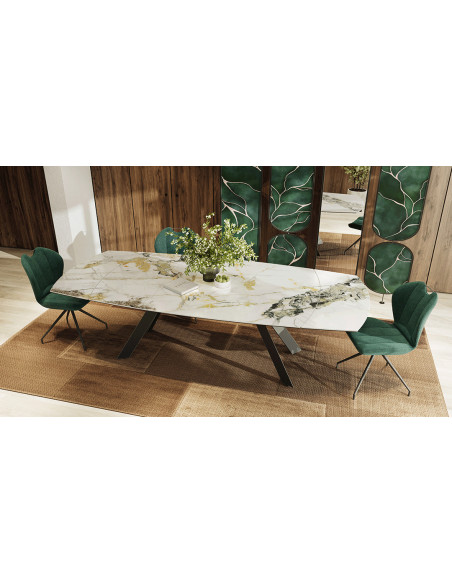 MIRI  - Table plateau céramique ovalisé, 2 allonges  