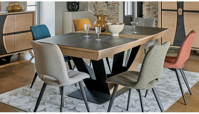 OMEGA - Table tonneau, plateau céramique 3 allonges    