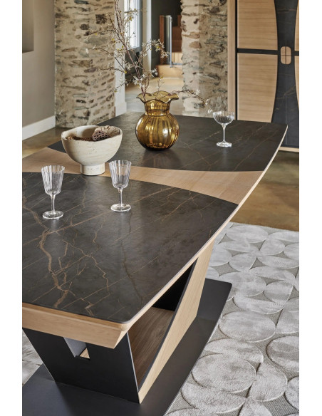 OMEGA - Table tonneau, plateau céramique 1 allonge de 80 cm (EXPO)