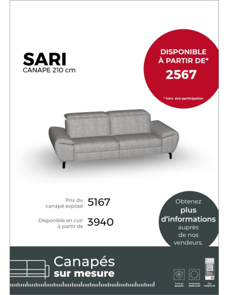 SARI - Canapé 2 places relax électrique 210 cm GRIS (EXPO)