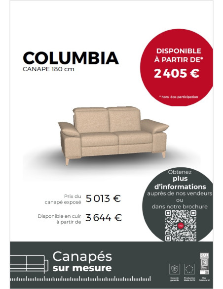 COLUMBIA - Canapé 2 places relax électrique 180 cm (EXPO)
